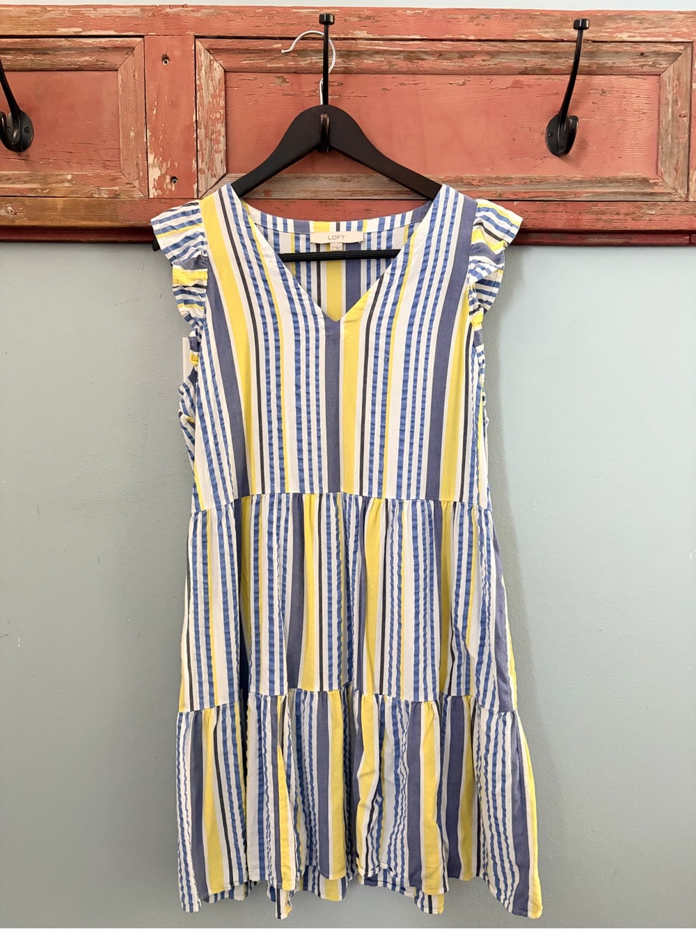 LOFT Yellow and Blue Striped Ruffle-Sleeve Casual Dress